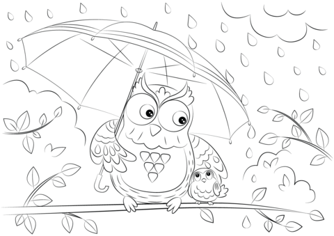 Owl With Chick Under Umbrella Coloring Page